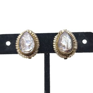 Antique Cameo Earrings Vtg Mother of Pearl MOP Shell Brass Sterling Silver Clip